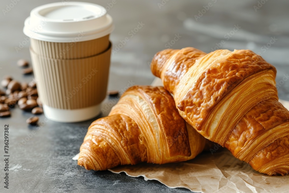 Sticker Takeaway breakfast option croissants and coffee in a paper cup