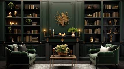 The background of the bookcases is in Dark Green color.