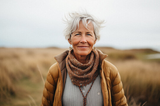 Portrait photo of  60 y.o woman smiling. Ai generated picture at a seaside with long grass and sunset lighting.