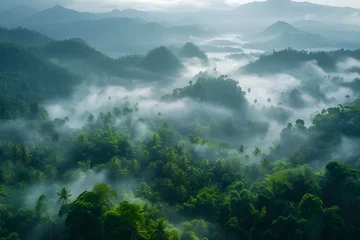 Fotobehang A foggy landscape in the jungle with a cloud-covered mountain and lush green valley, creating a serene and tranquil atmosphere. Ideal for vacation and travel concepts. © Jhon