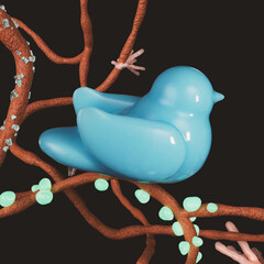Rubber paradise blue bird sitting on an abstract branch. Flora and fauna dark background. Fantastic nature. 3d render, 3d illustration.