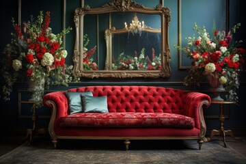 Elegant Vintage Living Room Interior Design. Classic interior design featuring a red tufted vintage sofa, ornate mirror, and floral arrangements against a floral wallpaper backdrop.