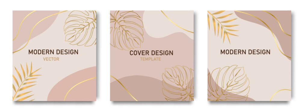Set of covers with luxury elegant minimalist backgrounds. Social media stories and post templates. Greeting card and invitation. Vector floral shapes, gold on pink beige background