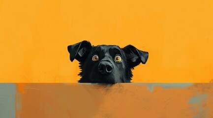 La tête d'un chien noir sur un fond orange, image avec espace pour texte.