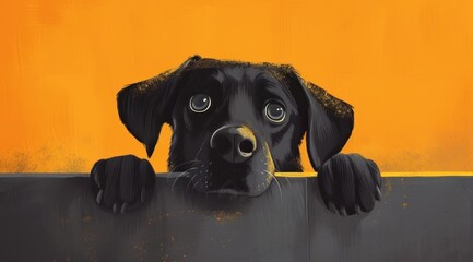 La tête d'un chien noir sur un fond orange.
