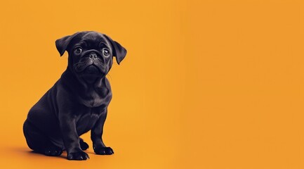 Un chien de race bouledogue français sur un fond coloré orange, image avec espace pour texte. - obrazy, fototapety, plakaty