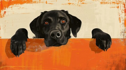 La tête d'un chien noir sur un fond orange, image avec espace pour texte. - obrazy, fototapety, plakaty