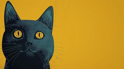 La tête d'un chat noir sur un fond jaune, image avec espace pour texte.