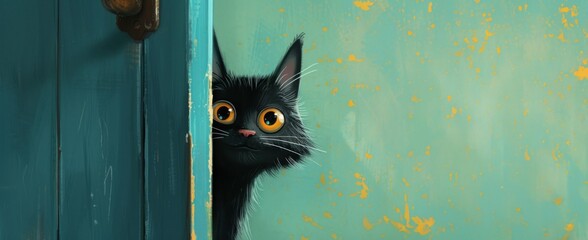 La tête d'un chat noir derrière une porte, image avec espace pour texte. - obrazy, fototapety, plakaty