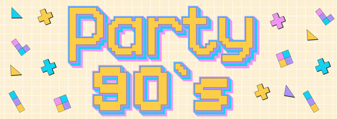 Party 90`s banner template. 90's graphic design template. Geometric retro-style 90s background. 