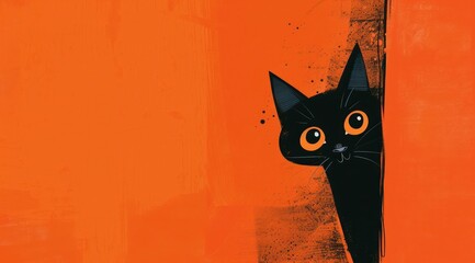 La tête d'un chat noir sur un fond orange uni, image avec espace pour texte.