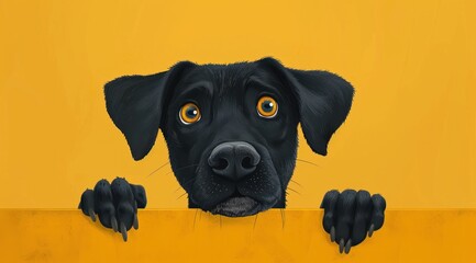 La tête d'un chien noir sur un fond jaune uni. - obrazy, fototapety, plakaty