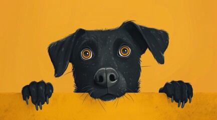 La tête d'un chien noir sur un fond jaune uni. - obrazy, fototapety, plakaty