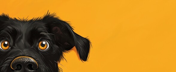 La tête d'un chien noir sur un fond jaune uni, image avec espace pour texte. - obrazy, fototapety, plakaty