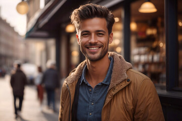 Fototapeta premium Young handsome man, coffee shop owner standing outdoors by his cafe smiling, confident entrepreneur, happy small business owner, successful businessman.