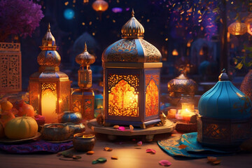 Fototapeta na wymiar Illuminate Ramadan's diversity through captivating AI art—blending cultural symbols, lanterns, and traditional flavours into a visually rich masterpiece.