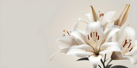 A beautiful white lily on a white background, symbolizing purity and elegance. Suitable for decoration and celebrations.