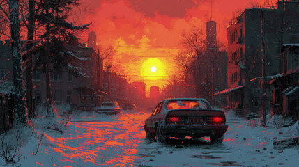 Apocalyptic blood red sunset in a small town somewhere in Eastern Europe, winter evening, pixel art. AI generated