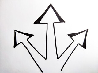 Three diverging Hand drawn black marker arrows. The concept of business, choosing direction, moving...