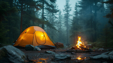 photo of a camping tent and campfire in the wild - obrazy, fototapety, plakaty