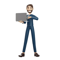 high-quality 3D illustration of a businessman character suitable for use on websites, apps, or similar purposes. The illustration features a handsome man in a dark blue suit.