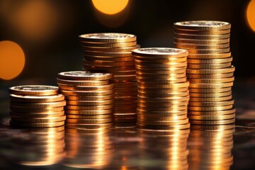 Golden coins stacked in increasing columns on a reflective surface with warm bokeh lighting effect. Concept of financial growth and success, financial decisions, savings, or smart investments