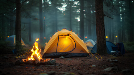 photo of a camping tent and campfire in the wild