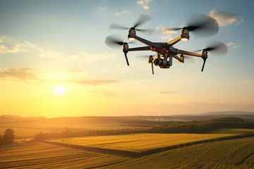 Tuinposter drone hovering over farm on background © Tidarat