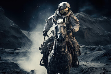 Fototapeta premium a astronaut is riding on a horse on the moon surface