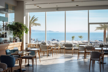 
a modern cafe interior design, with wide windows, sea view
