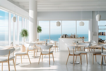 Fototapeta premium a modern cafe interior design, with wide windows, sea view