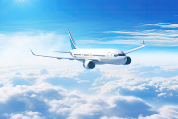 Obraz premium commercial airplane flying through the clouds in the sky as wide banner poster