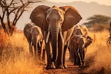 Fototapeta na wymiar group of elephants walking on the dry grass in the wilderness