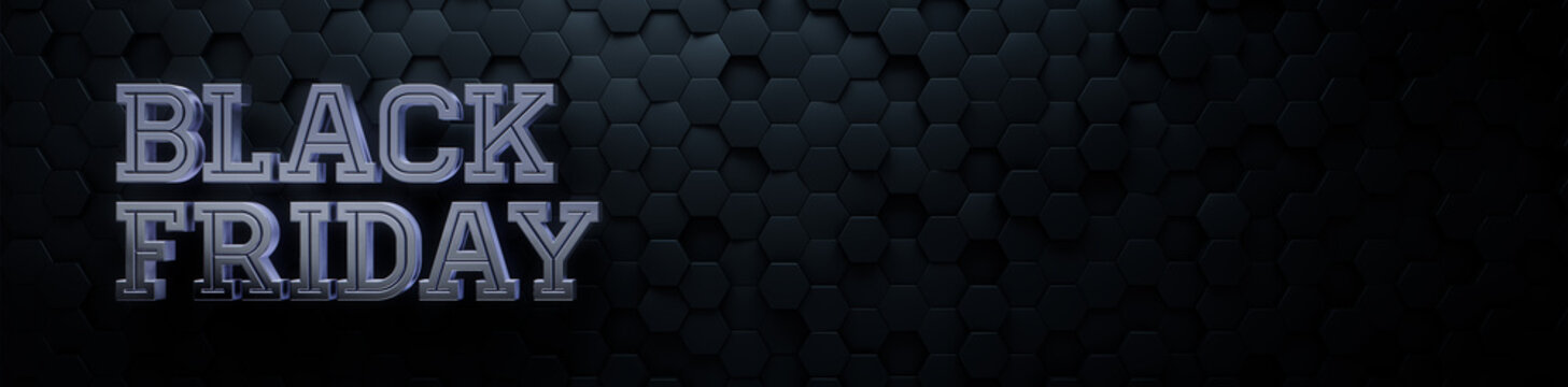 Hexagon Tile Background with Silver Black Friday Words. Premium 3D Promo Banner with copy-space.