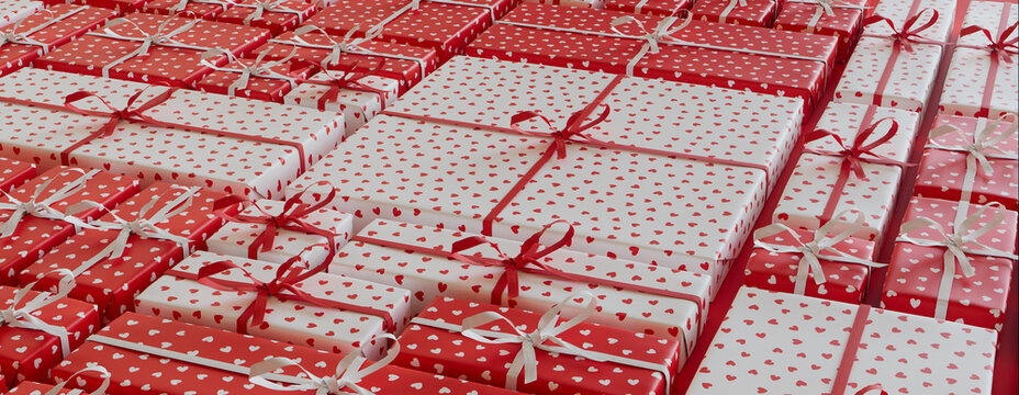 Valentine's Day Presents Neatly arranged in a Grid. Modern Red and White Romantic Wallpaper.
