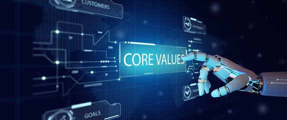 Robot hand select Core Values on Virtual Screen. Core Values responsibility ethics goals innovation company with AI. Internet, and Goal Mission Business Purpose with Artificial Intelligence Concept.