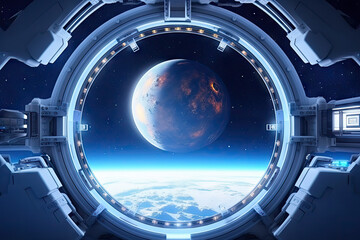 super detailed spacecraft white cabin, with a round window with a stunning bright universe view