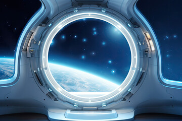 super detailed spacecraft white cabin, with a round window with a stunning bright universe view