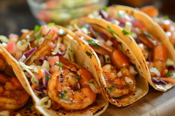 Spicy shrimp tacos made at home with coleslaw and salsa