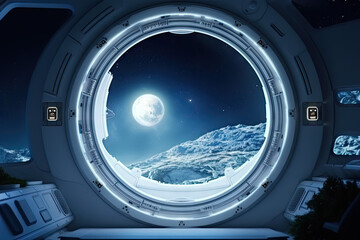 super detailed spacecraft white cabin, with a round window with a stunning bright universe view
