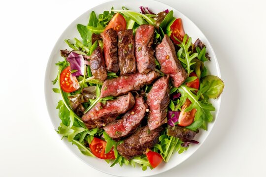 White background isolated steak salad viewed from the top