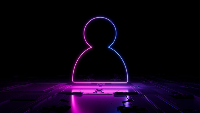 Pink and Blue neon light user icon. Vibrant colored Social technology symbol, on a black background with high tech floor. 3D Render
