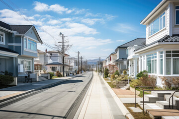 Urban street in korean, single-family homes on both sides, sunny