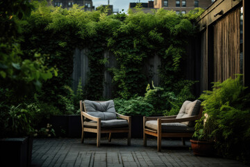 Fototapeta na wymiar vegetation two stools on a terrace in new york, architecture