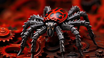 Fototapeta premium mexican red kneed tarantula crawling ontop of a bunch of cogs, vivid but cool graphics and a design that's subtle enough to be a desktop wallpaper background