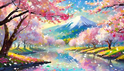 Obraz na płótnie Canvas vibrant and picturesque landscapes with cherry blossoms in full bloom, framing a majestic mountain, likely inspired by Mount Fuji, and reflecting on tranquil waters. This scene is a celebration of nat