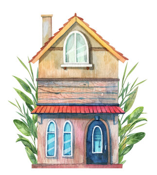 Rustic garden house watercolor illustration. Hand painted illustration cottage facade with plants and trees for greeting cards design