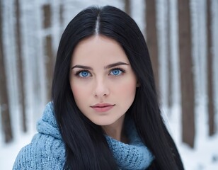 Photo of beautiful woman with blue eyes with snow background ai generative