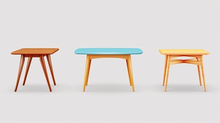 Realistic set of furnishing elements including 3D tables, kitchen furniture, desks, and platforms with legs, made of wood and plastic, perfect for showcasing in a showroom.