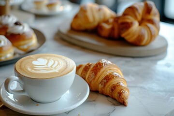 Steaming cappuccino with artfully crafted foam atop, surrounded by pastries and croissants on a marble countertop.